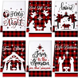 Bencailor 6 Pcs Christmas Kitchen Towels Nativity Scene Dish Hand Towels Buffalo Plaid Red Jesus Xmas Washcloths for Christmas Bathroom Home Decor Gifts (Classic Color)