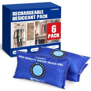 100g [ 6 Packs] Rechargeable Desiccant Packs for Storage, Color Indicating Silica Gel Desiccant Packets, Moisture absorbers for storage, Dehumidifier bag for Closets (Blue)