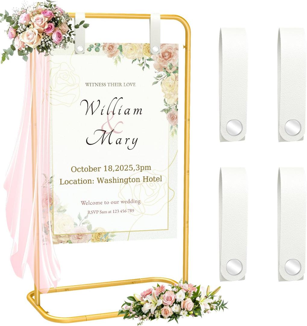 MsMk Wedding Welcome Sign Holder, 70x31x 20 Welcome Sign Stand with 4 Leather Sign Hanging Straps Adjustable Wedding Seating Charts Holder & Event Decor for Party, Baby Shower, Graduation Ceremony