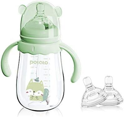 POTATO Glass Baby Bottles, Anti-Colic Breastfeeding Bottles with Fast Flow Nipple, Suitable for Babies 6-12 Months, 2 Replaceable Nipples, 8 oz, Green
