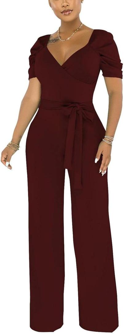 Dressy Jumpsuits for Women Elegant Sexy V-Neck Rompers Formal Evening Party Wide Leg Pant Suits (Large)