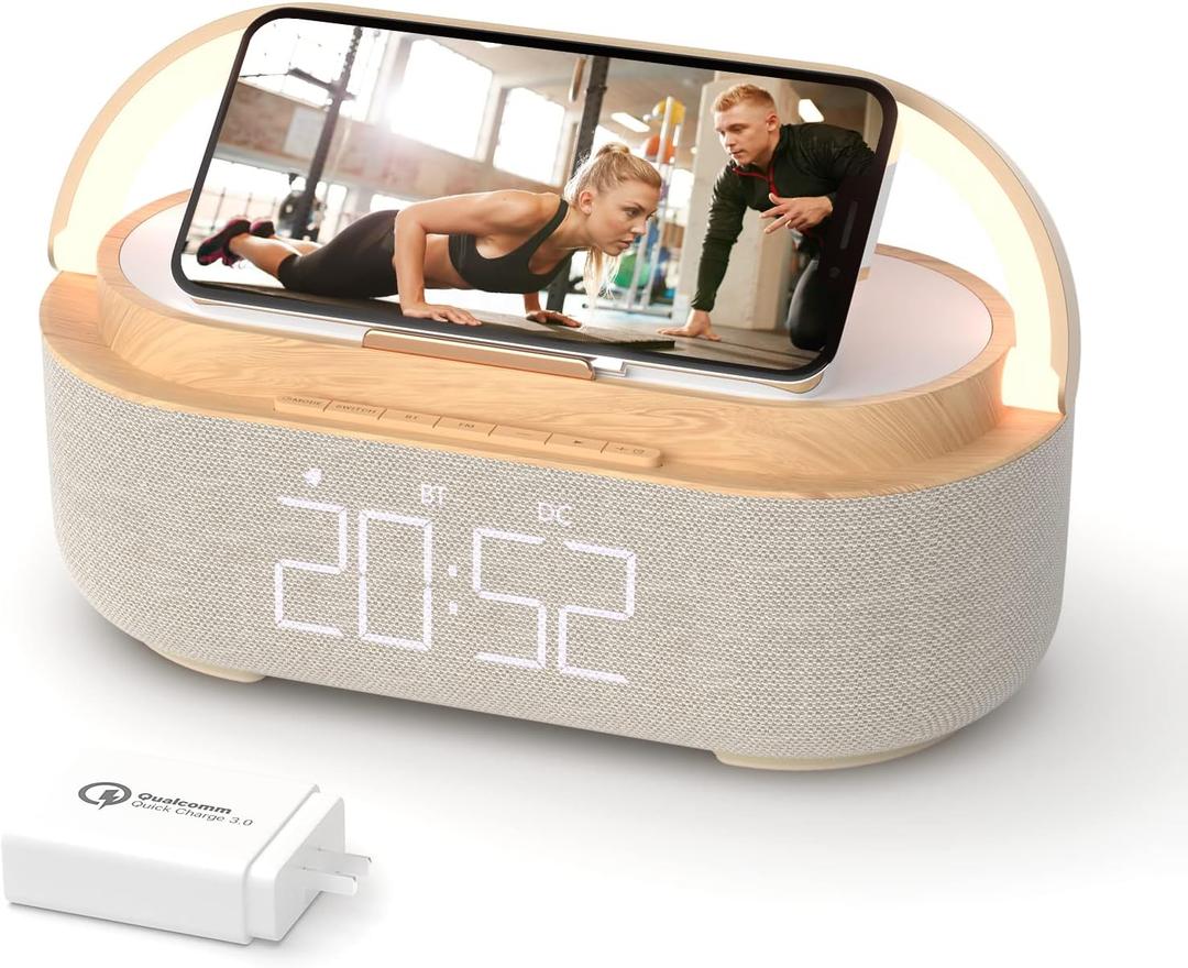 COLSUR Bluetooth Speaker Alarm Clock with Wireless Charger, FM Radio, Adjustable LED Night Light, 6 in 1 Bedroom Portable Speaker 2500mAh, Phone Stand for Bedside, Home, Office, Gift (Wood) (Beige)