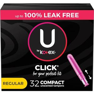 U by Kotex Click Compact Tampons, Regular Absorbency, Unscented, 32 Count