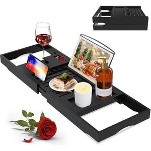 Luxury Bathtub Caddy Tray for Tub - Foldable Bamboo Bath Table Tray with Book and Wine Glass Holder, Expandable Bathroom Accessories for Spa or Reading Lite Style,Black