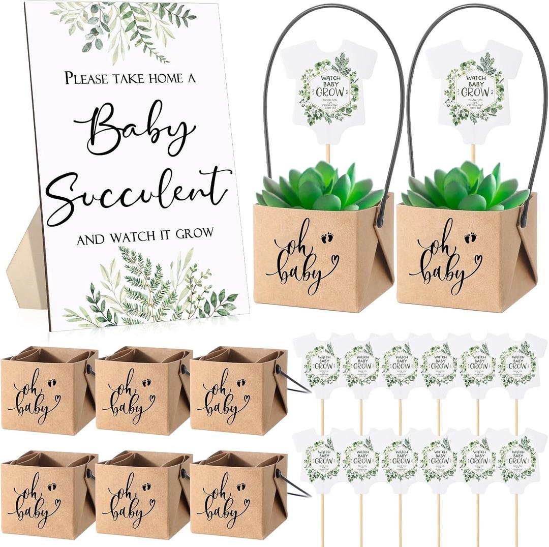 Geetery 101 Pcs Succulent Baby Shower Party Favor 1 Wooden Table Sign 50 Tags and 50 Kraft Succulent Pots for Guest Baby Shower Favors Gifts(Baby)