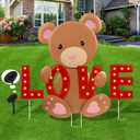 5 Pieces Valentine Yard Signs with Solar LED Light Valentines Day Metal Stakes Outdoor Decorations Happy Valentine's Day Large Bear Love Lawn Signs for Wedding Anniversary Party Garden Decor