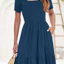 YOVION Girls Summer Dress Square Neck Short Sleeve Casual Loose Ruffle Tiered Dresses with Pockets for 8-9 Y (Blue)
