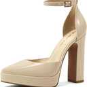 Women's Platform Chunky Heel Pumps  Closed Toe Ankle Strap Block Heeled Dress Shoes for Wedding Party & Daily Comfort (8.5, Nude)