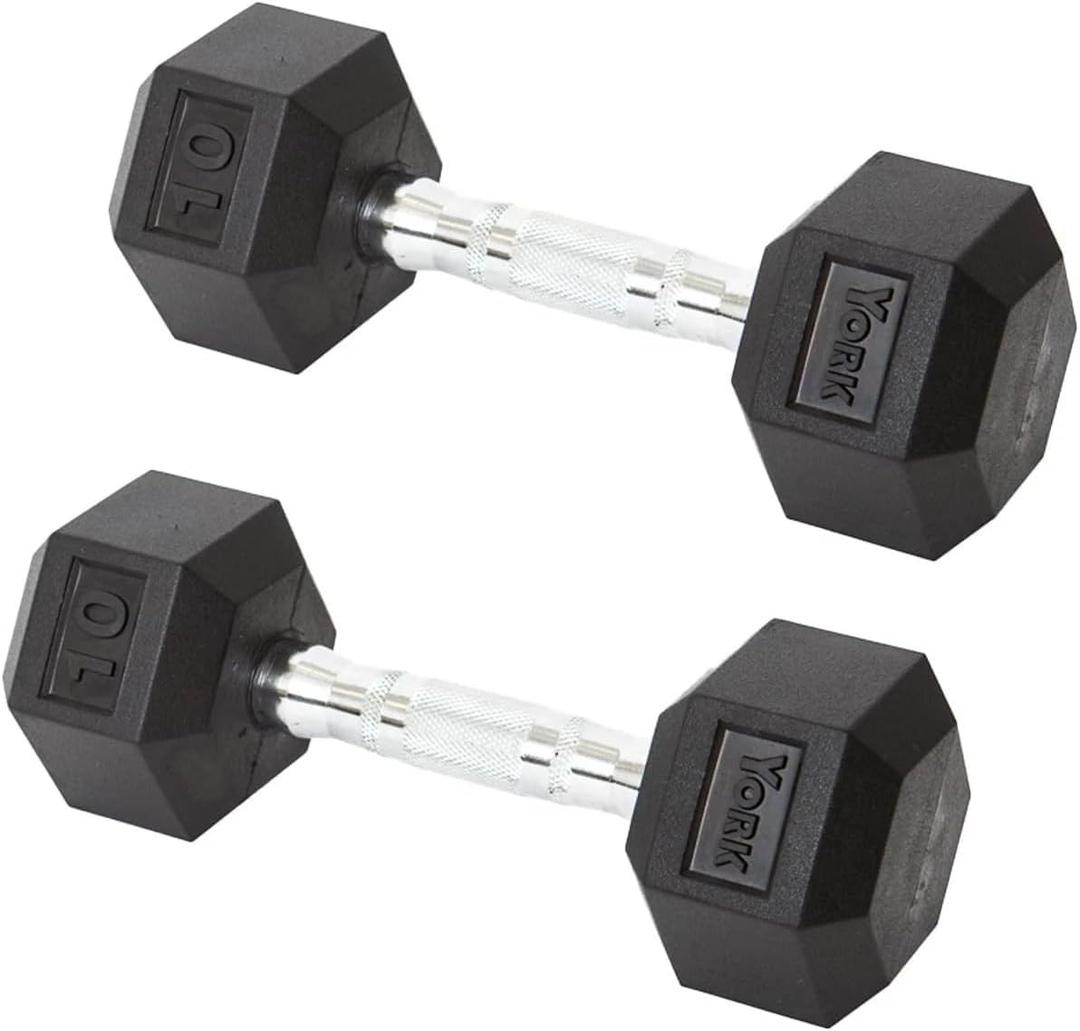 York Barbell Hex Dumbbell Set Rubber Coated Fixed Weight Dumbbells with Chrome Ergonomic Handle Odorless & Durable for Home Gym Womens Strength Training Workouts - 2.5LB to 125LB Pack of 1, 2 & 4