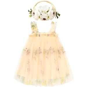 Toddler Baby Girl Tutu Dress Sleeveless Floral Print Tulle Dress Little Girl Princess Dresses with Flower Headband, 6-12M