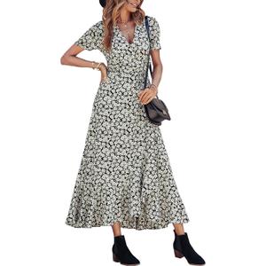 PRETTYGARDEN Women's Summer Maxi Dress Casual Wrap Floral Boho Short Sleeve V Neck Split Ruffle Beach Long Dresses (Black White Floral)