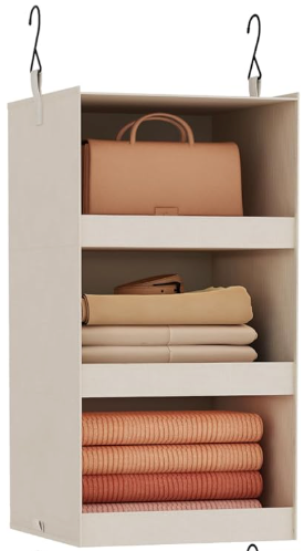 FLYBOX Closet Organizer and Storage, Collapsible Hanging Closet Organizer, 3 Shelf Sturdy Baby Closet Organizer & Ideal for RV,Camper Bed Side Closets Khaki, 29 " H X 12" W X 12" D