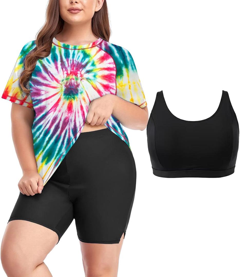 Inno Women's Plus Size 3 Piece Rash Guard Set with Bra Swimsuits Short Sleeve with Boyshorts UPF 50+ Surfing Swimwear, Floral with Bra, 6X