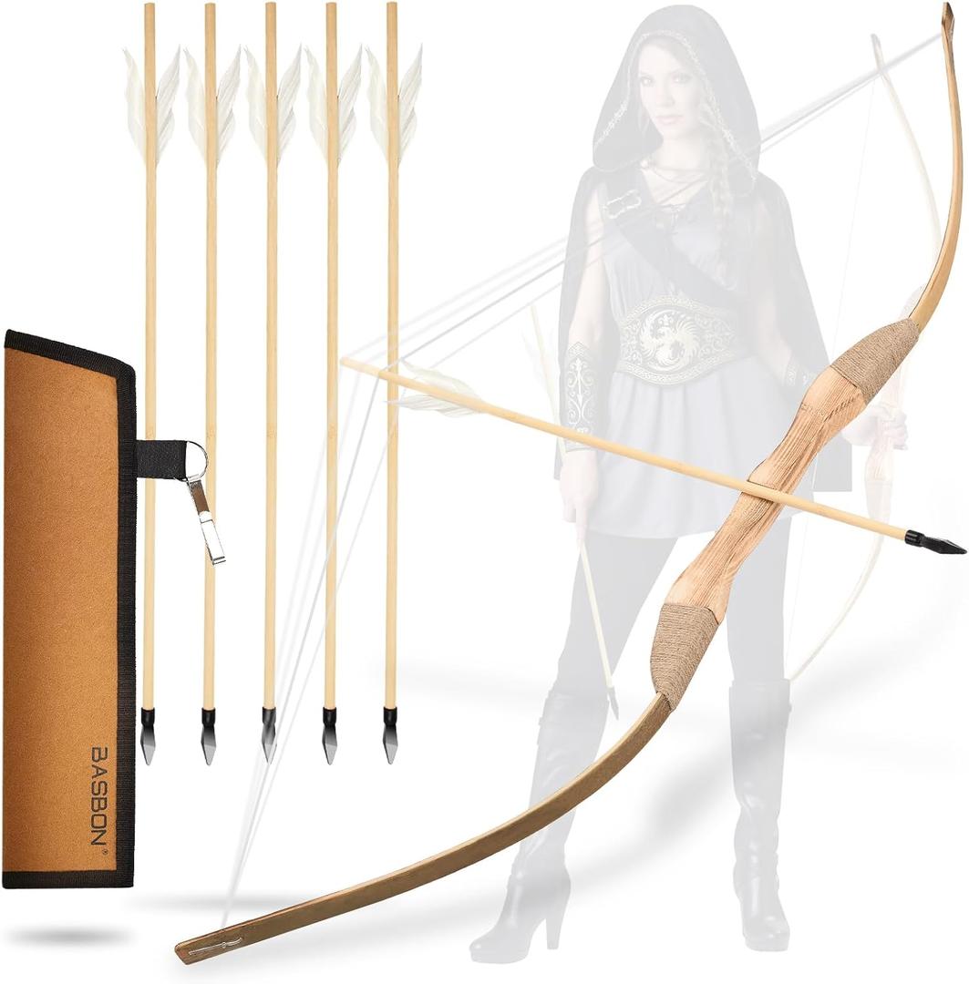 Youth Archery Bow and Arrow Set for Kids, 40" Handmade Wooden Bow and Arrow Prop Costume Cosplay Games Toys, Archery Set with 1 Bows 1 Quivers 5 Feather Arrows, Gifts for Kids Youth Adult Boys Girls, Medium
