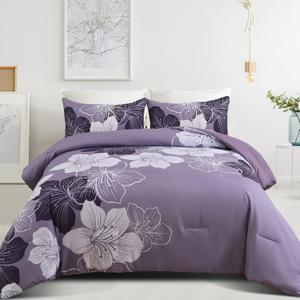 Menghomeus King Size Comforter Set Dark Purple Floral Bedding Comforter Sets Soft Microfiber Bed Comforter Set for All Season, 3 Piece Botanical Flowers Comforter, Pillowcases