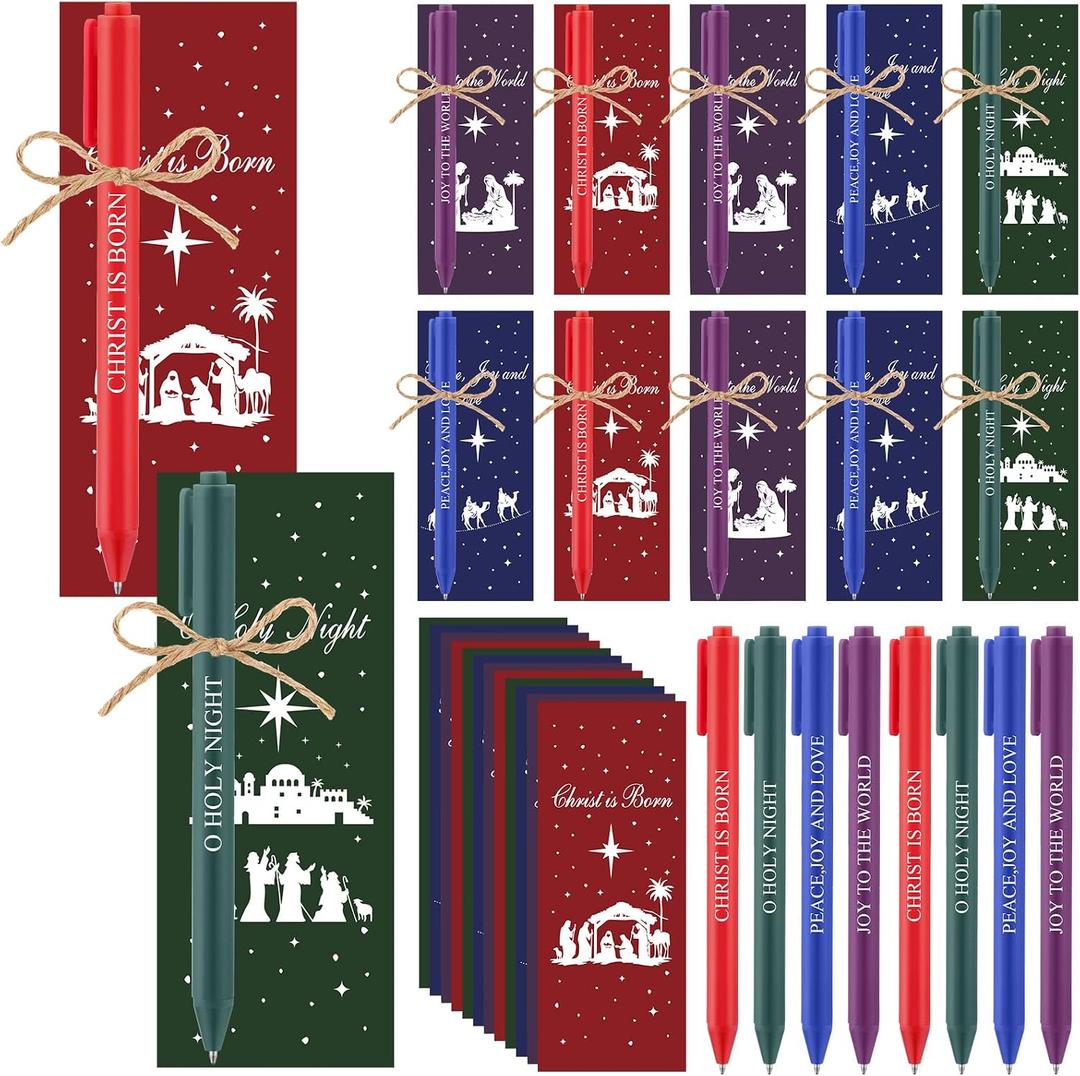 48 Set Christian Nativity Bulk Gift for Women Men Include 48 Nativity Bible Verse Scripture Ballpoint Pens and Jesus Inspirational Bookmarks Religious Faith Party Gifts for Coworker