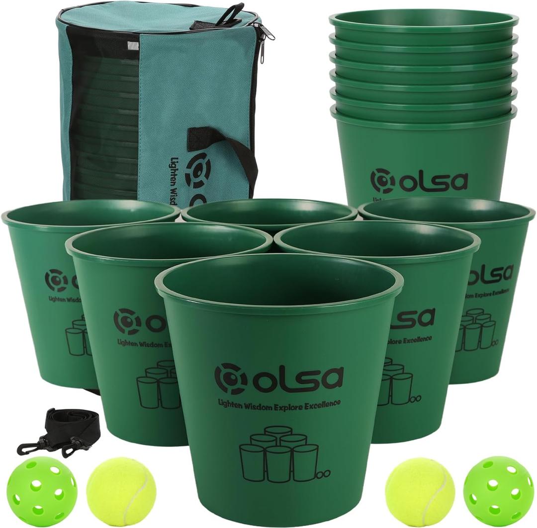 Olsa Yard Pong Outdoor Games, Giant Yard Pong Yard Game with 12 Buckets, Balls, Strength Carrying Bag for Backyard Beach Lawn Park Camping, Toss Outdoor Games for Adults and Family(Green)