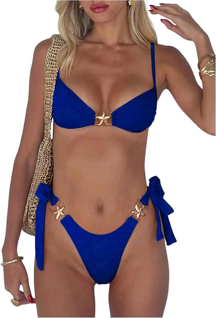 SOLY HUX Women's Bathing Suit Ring Linked High Cut String Bikini Set Tie Side Thong Two Piece Swimsuit (Medium, Plain Royal Blue)