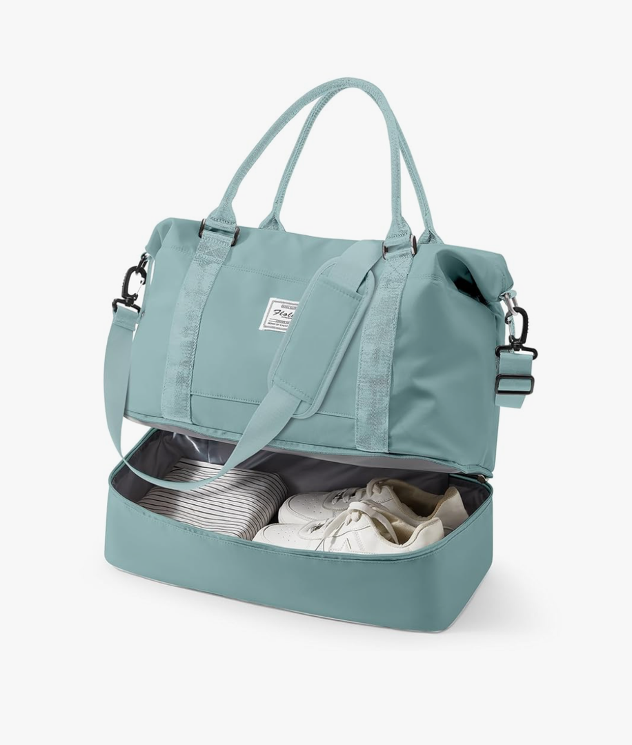 Travel Duffel Bag, 18x14x8 Inches Travel Bag Spirit with Shoes Compartment, Weekender Overnight Bag for Women with Trolley Sleeve, Carry On Bag for Airplanes Sport Tote Gym Bag LightBlue