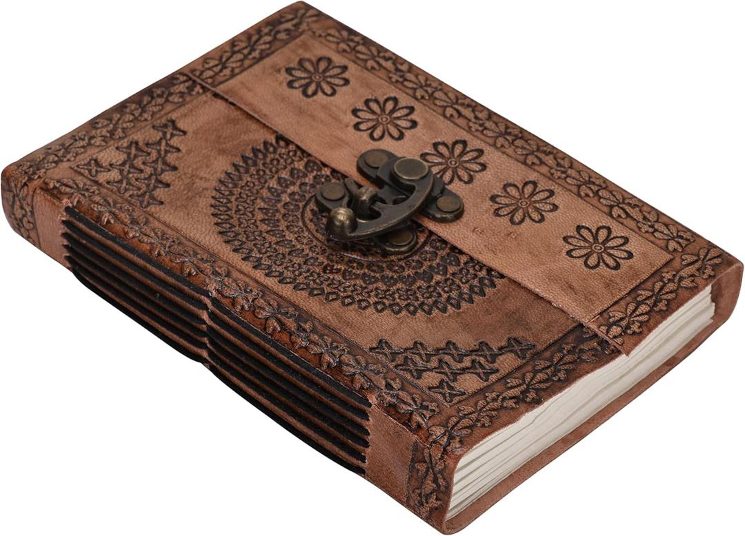 M&N Designs Vintage Leather Journal with Lock Closure, Hand-Made Paper, Traditional, Vegan, 7 x 5 Inches