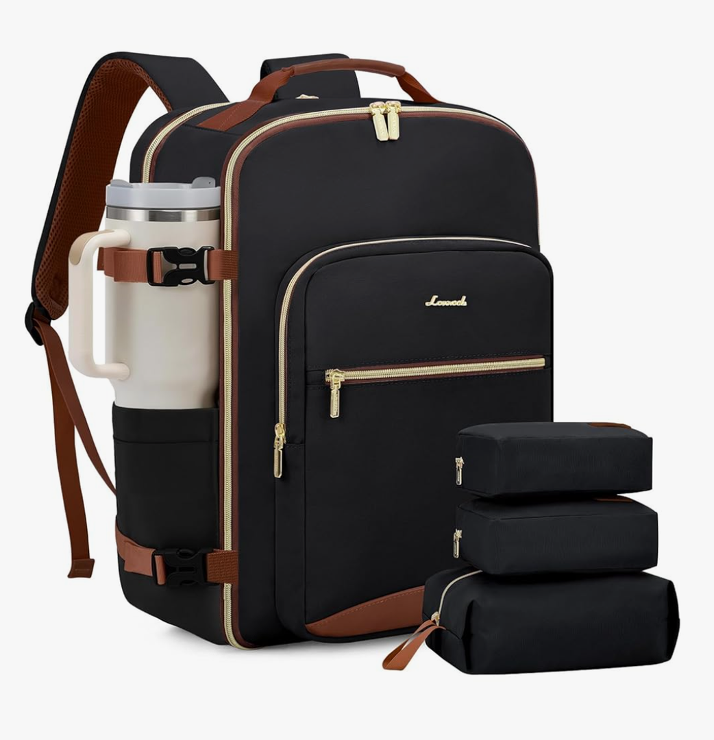 LOVEVOOK Travel Backpack for Women Men as Personal Item Flight Approved, 40L Luggage Carry On Backpack, 17.3inch Large Daypack Laptop Backpack Waterproof Outdoor Sports with 3 Packing Cubes, Black-Brown