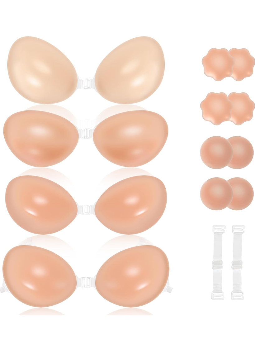 Adhesive Bra for Women Sticky Silicone Invisible Push up Bra,4 Pairs Adhesive Bras & 4 Pairs Nipple Covers A Cups