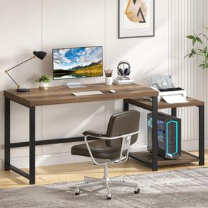 FOLUBAN 63 Inch Large Computer Desk with Printer Space & PC Tower Stand, Modern Wood Home Office Desk Workstation with Storage Shelves, Writing Study Gaming Table, Rustic Oak