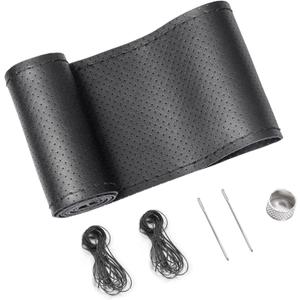 SEG Direct Genuine Leather Steering Wheel Cover, Stitch On Wrap, Breathable Cowhide Steering Wheel Wrap, Standard Size 15 Inch, for Car Truck SUV Pickup Boat, DIY Sewing with Needle Thread, Black