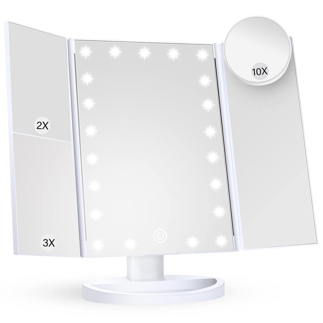 HUONUL Makeup Mirror Vanity with Lights, 2X 3X 10X Magnification, Touch Control, Trifold Mirror, Dual Power Supply, Women Gift(White)
