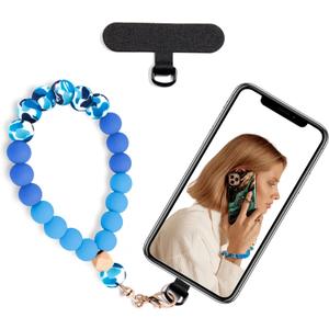 Silicone Beaded Phone Wrist Strap,phone bracelet strap with Tether Tab,Elastic Hands-Free wristlet strap (Dark Blue)