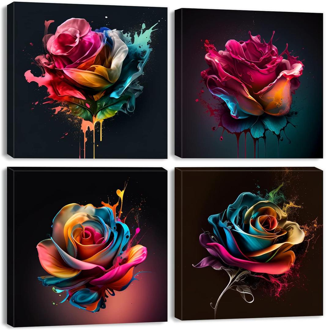 Colorful Rose Wall Art Abstract Graffiti Rainbow Flower Canvas Prints Pictures Bedroom Decor 12x12" 4 Pcs Modern Watercolor Black Background Paintings Artwork for Living Room Bathroom Home Decorations (12L" x 12W")
