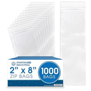Spartan Industrial - 2” X 8” (1000 Count) 2 Mil Clear Reclosable Zip Plastic Poly Bags with Resealable Lock Seal Zipper