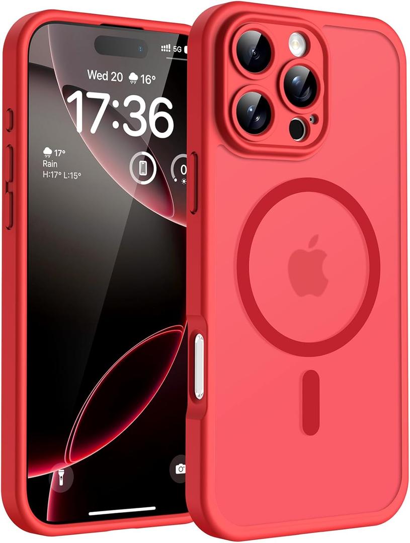 TOCOL Magnetic for 16 Pro Red Case, Upgraded Full Camera Protection, Compatible with Magsafe, Drop Protection, Translucent Matte Back Bumper for iPhone 16 Pro 6.3-Inch (Red)