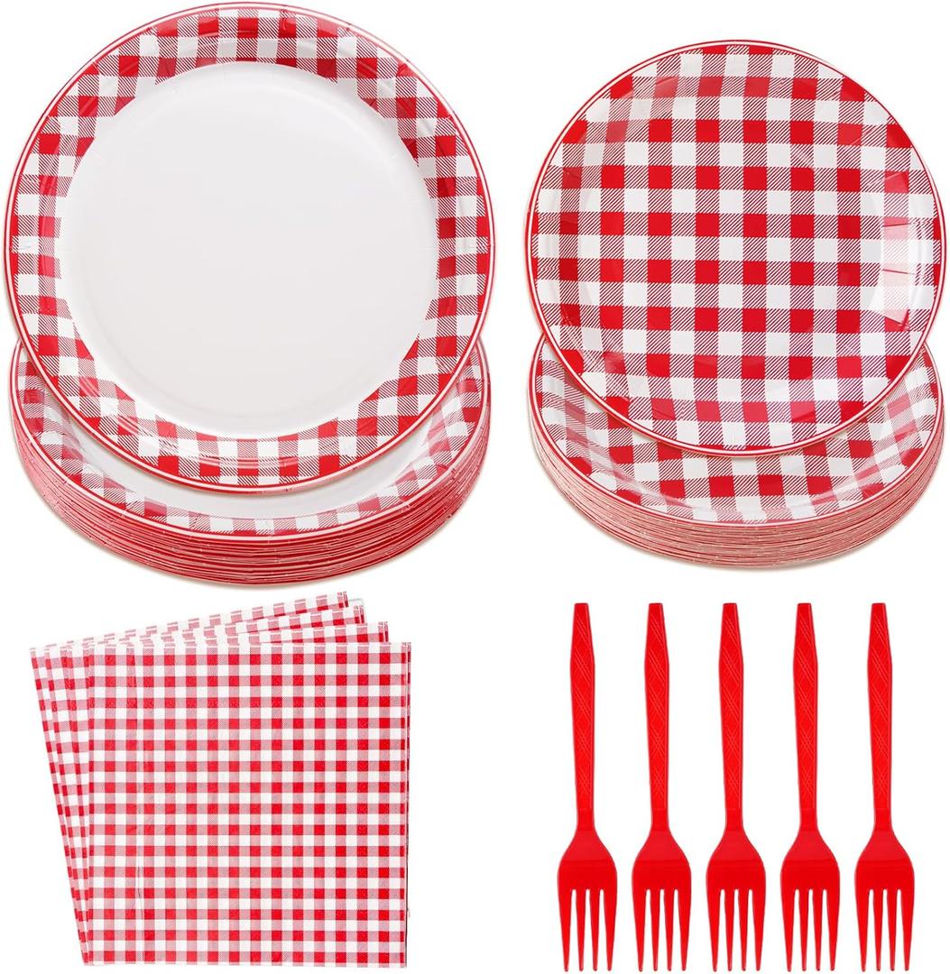 96Pcs Red and White Gingham Party Decorations Red White Buffalo Checked Plaid Plates and Napkins Picnic Tableware for Summer BBQ Picnic Baby Shower Birthday Family Dinner Party Supplies, Serves 24