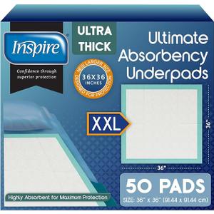 Inspire XXL  Super Absorbent Disposable Bed Pads for Chronic Incontinence Ultra Thick and Absorbent Bed Pads Disposable Adult | Pee Pads for Adults (36" X 36" Pack of 50)