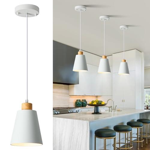 LAMKNVS Mini Pendant Light Fixtures White Wood Pendant Lighting for Kitchen Island 7.87in Cone Modern Ceiling Hanging Lights Hollow Shade Nordic Island Light for Counter, Bar, Hallway