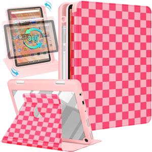 Kidcube for Kindle Fire HD 10/10 Plus Tablet Case - 13th/11th Generation (2023/2021) 10.1" Women Girls Cute Girly Kawaii Design Rotating Stand Pencil Holder Folio Cases for Amazon Fire HD 10/10 Plus (4-Pink Plaid)