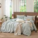 MooMee Gingham Duvet Cover Set 100% Washed Cotton Linen Like Textured Breathable Durable Soft Comfy Modern Checkered Design (Sage Green Gingham, King 104"x90")