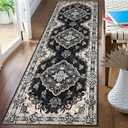 MUJOO Hallway Runner Rug 2'x8' Black,Long Boho Rug Runners Washable Non Slip Carpet for Entryway Kitchen Bathroom Bedside,Vintage Bohemian Distressed Farmhouse Non Slip Carpet,Floral