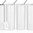 PYD Life Sublimation Blanks Skinny Tumbler White 20 OZ Straight Stainless Steel with Metal Straw for Mug Tumbler Heat Press Machine Sublimation Printing 4 Pack