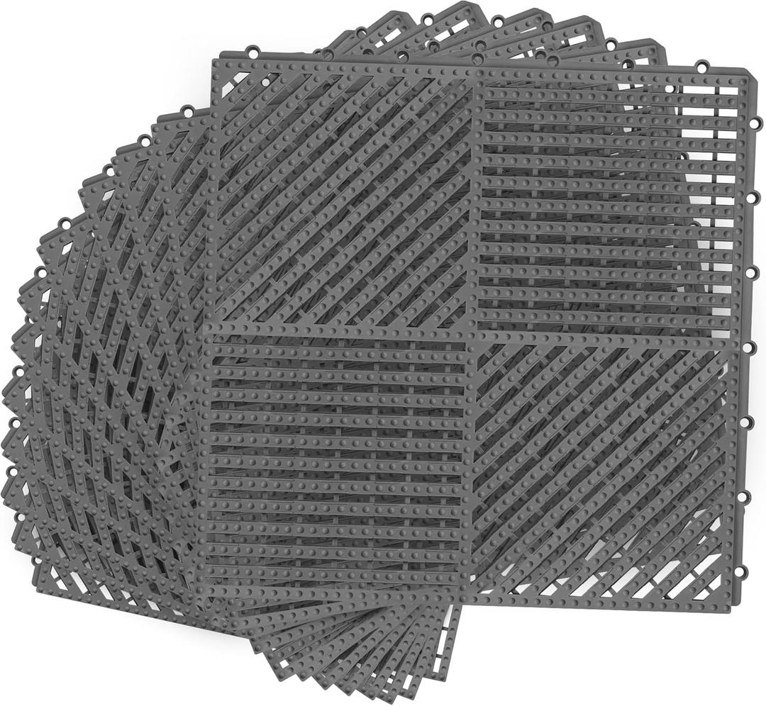 MYFAMIREA Modular Interlocking Cushion 12 Pack 11.8" x 11.8" Rubber Floor Tiles Non-Slip Splicing Drainage Mats for Deck, Pool, Shower, Patio, Balcony, Bathroom, Kitchen, Yard (1 Rows Dots, Dark Gray)