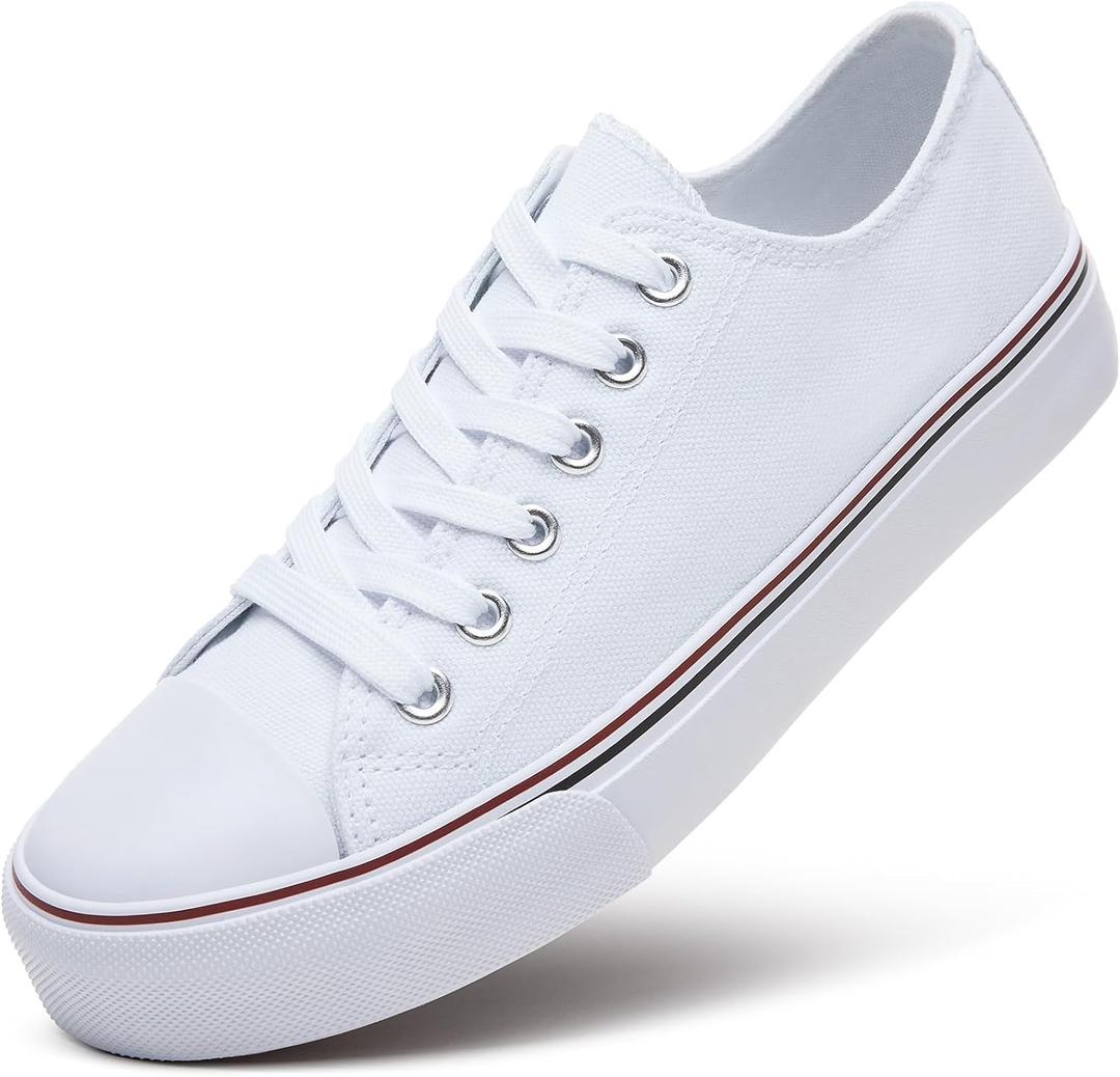 ZGR Womens White Tennis Shoes for Women,Lace up Canvas Sneakers,Casual Walking Canvas Shoes (White, US8)