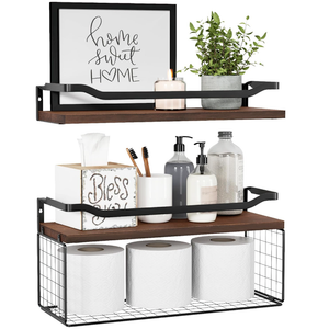 WOPITUES Floating Shelves with Wire Storage Basket, Bathroom Shelves Over Toilet with Protective Metal Guardrail, Wood Wall Shelves for Bathroom, Bedroom, Living Room, Toilet Paper Dark Brown