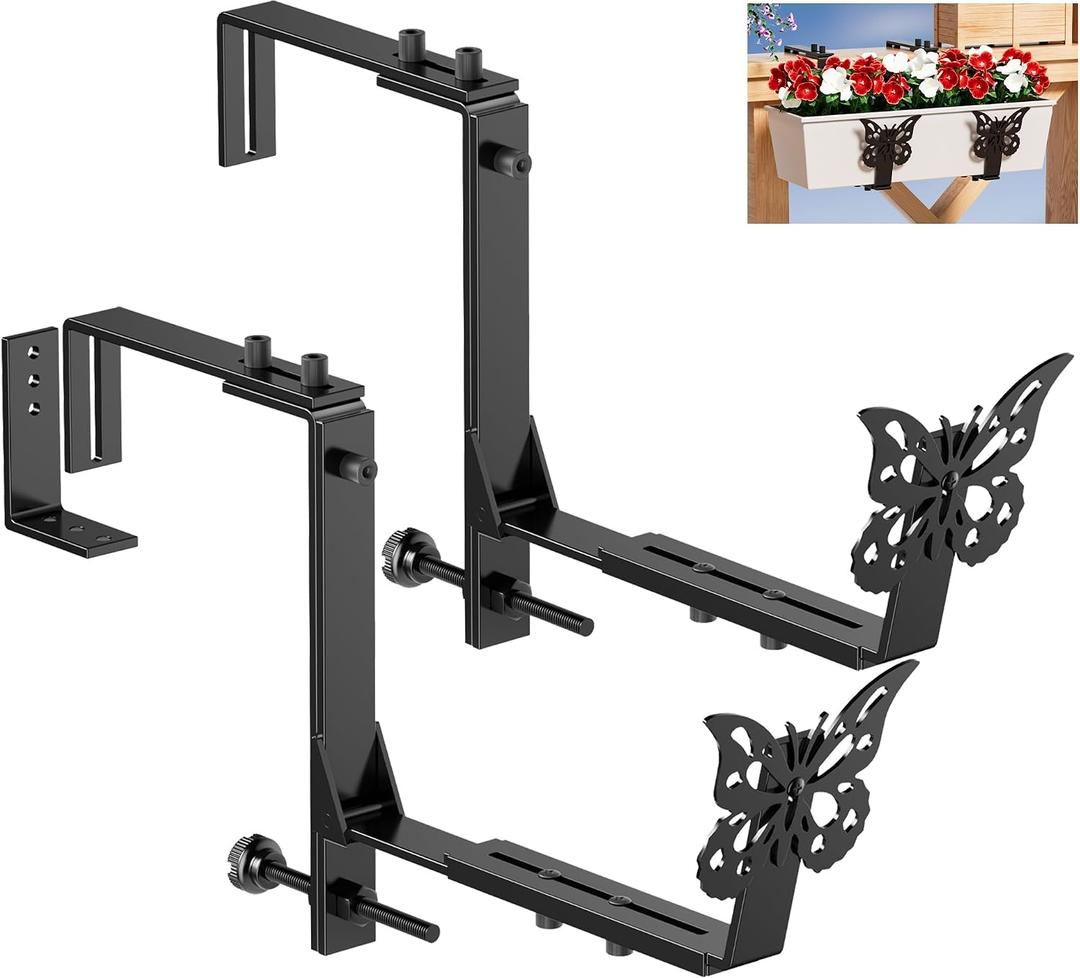 2 Pack Window Box Brackets, Adjustable Planter Box Brackets, Universal Flower Box Bracket for Deck Railing, Heavy Duty Railing Planter Bracket for Balcony, Fence and Garden - Black