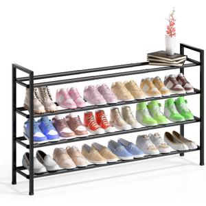 Bumusty 4-Tier Long Expandable Shoe Rack for Closet, 18"-44" Adjustable Shoe Rack for Entryway, 20-24 Pairs Large Shoe Organizer Shelf Storage, Sturdy Metal, Black