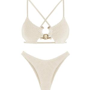 ZAFUL Women's Sexy Cutout Bikini Set High Cut Textured Metal Ring Cheeky Swimsuit Two Piece Bathing Suit, XL
