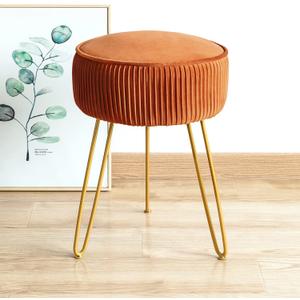 LUE BONA Pleated Vanity Stool, Velvet Upholstered Vanity Stool for Makeup Room, Round Mondern Stool for Vanity, Ottoman Footrest Stool with Metal Legs for Living Room, Bedroom, Pumpkin Brown
