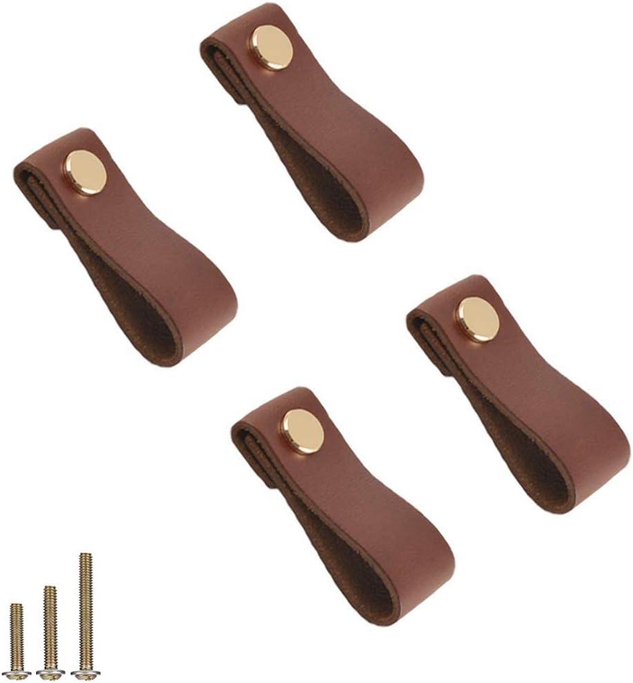Yusheng 4 Pack Soft Genuine Leather Drawer Pulls Handle,Wardrobe Cabinets Kitchen Closet Knobs Door Pulls Handles knobs with Screws,Home Decoration, Handmade (4 Pack, 2.6" Single Hole - Brown)
