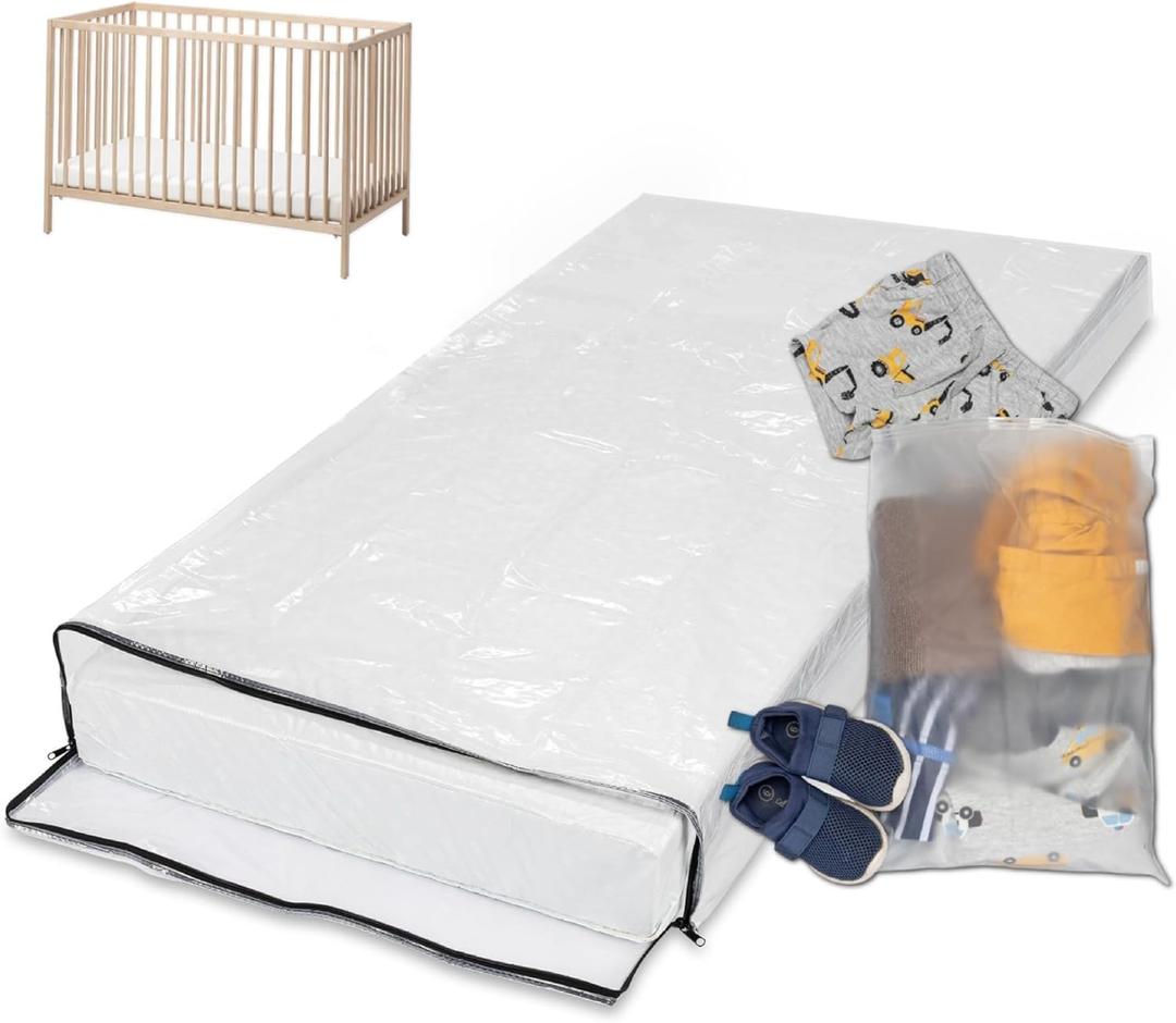 Crib Mattress Storage Bag with Zipper, 5 Mil Clear Plastic Cover for Moving, Includes Accessory Bags