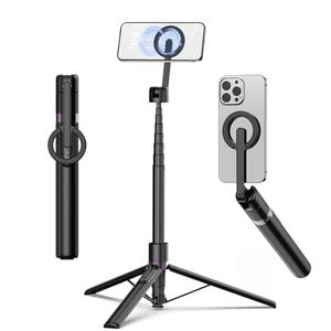 TONEOF 68" Magnetic Selfie Stick Tripod with Aluminum Strong Magnetic Holder for Magsafe, 360° Rotatable Travel Phone Tripod Stand with Metal Ring & Rechargeable Remote for iPhone/Android（Black）